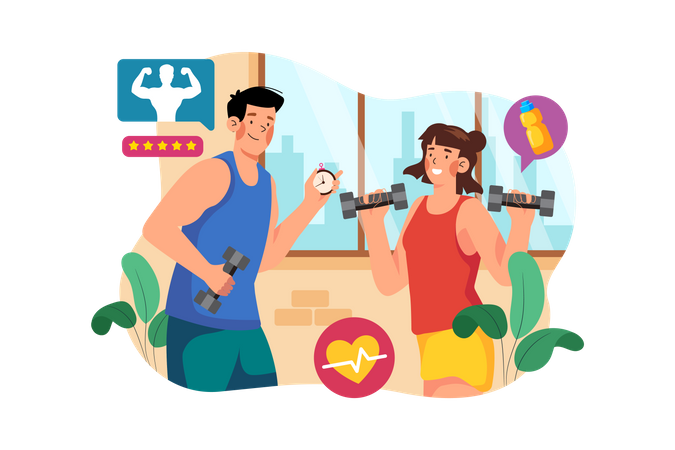 Fitness coach training woman in gym  Illustration