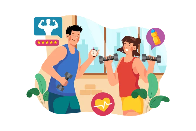 Fitness coach training woman in gym  Illustration
