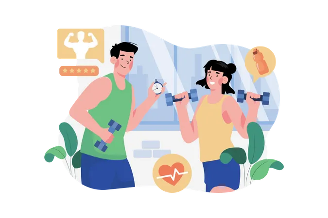 Fitness coach training woman in gym Illustration