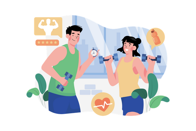 Fitness coach training woman in gym  Illustration