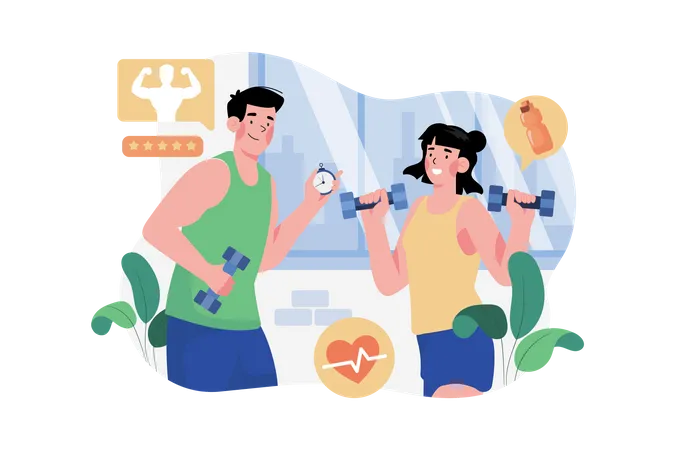 Fitness coach training woman in gym  Illustration