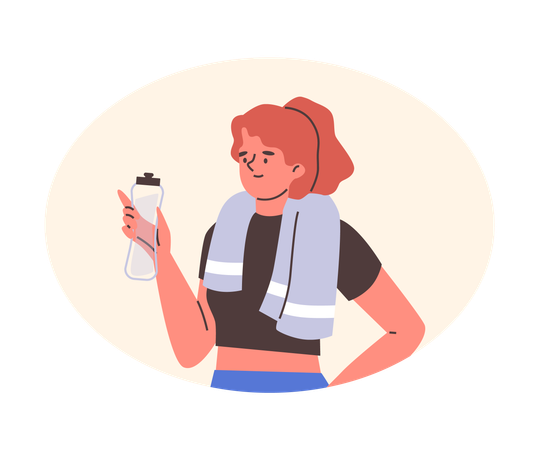 Fitness-Frau hält Wasserflasche mit Handtuch um den Hals  Illustration