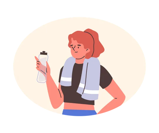 Fitness-Frau hält Wasserflasche mit Handtuch um den Hals  Illustration