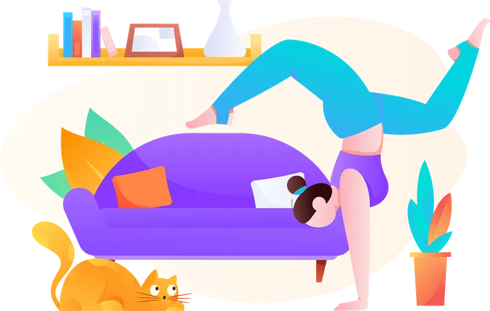 Fitness girl doing hand stand at home  Illustration