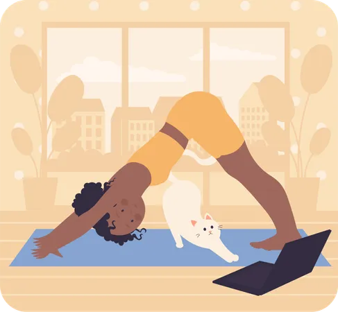 Fitness girl doing online yoga exercise  Illustration