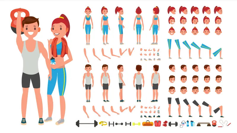 Fitness Girl, Man Vector. Animated Sport Male, Female Character Creation Set. Full Length, Front, Side, Back View, Accessories, Poses, Face Emotions, Gestures. Isolated Flat Cartoon Illustration Illustration