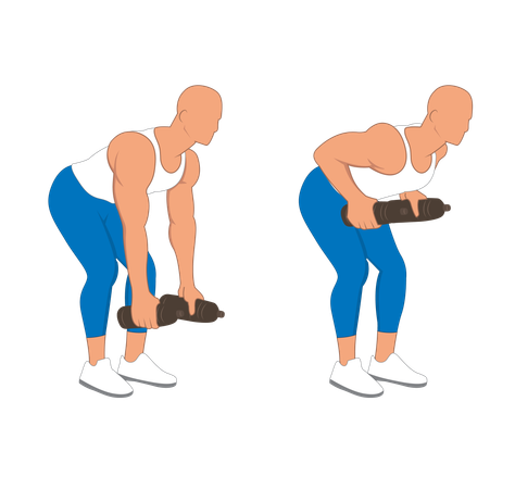 Homem de fitness fazendo supino com halteres nas costas  Ilustração