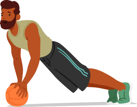 Fitness Man character performs push-ups using stability Ball  Illustration