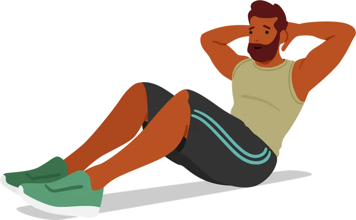 Fitness Man Doing Exercise That Targets The Abdominal Muscles Involving Lying On The Ground And Pressing The Belly Towards The Floor For Strengthening And Toning Cartoon People Vector Illustration Illustration