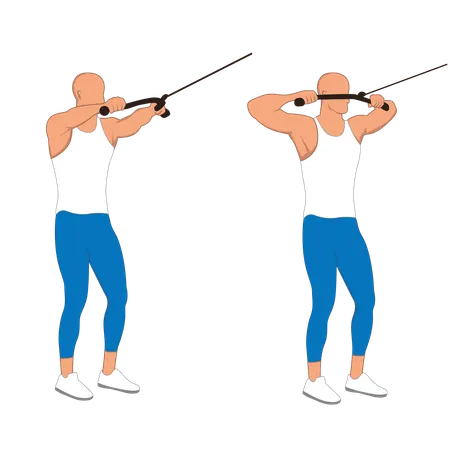 Homem de fitness fazendo polia de extensão traseira  Ilustração