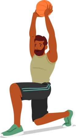 Fitness Man se jette avec le ballon en engageant les muscles du bas du corps pour plus de force  Illustration