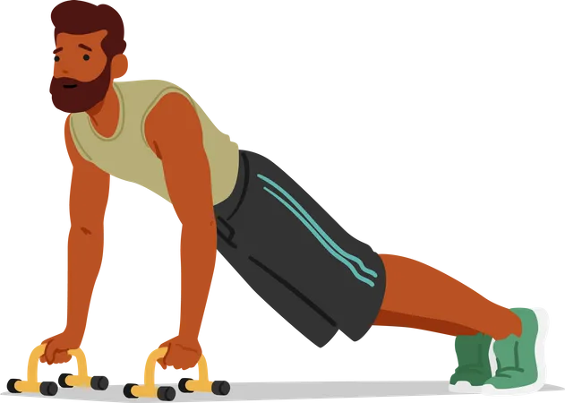 Fitness Man Performing Push Ups On Floor Bars Character Showcasing Strength And Control While Engaging Upper Body Muscles For A Challenging And Effective Exercise Cartoon People Vector Illustration Illustration