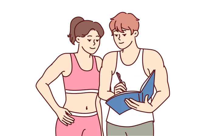 Man Fitness Trainer Advises Girl Drawing Up Training Plan To Achieve New Sports Heights Woman Athlete Stands Near Fitness Instructor Helping To Get Rid Of Excess Weight And Get Attractive Figure Illustration