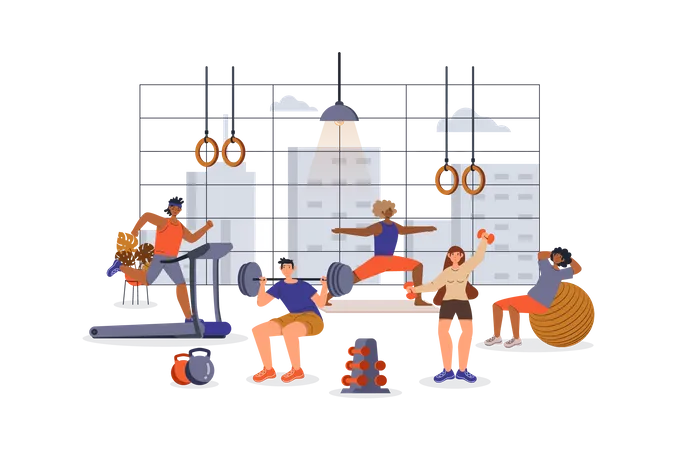 Fitness Training Concept With Character Scene For Web Women And Men Do Yoga Lifting Barbell Running Treadmill In Gym People Situation In Flat Design Vector Illustration For Marketing Material Illustration