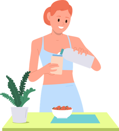 Fitness woman eating natural strawberry and milk protein cocktail on breakfast  Illustration