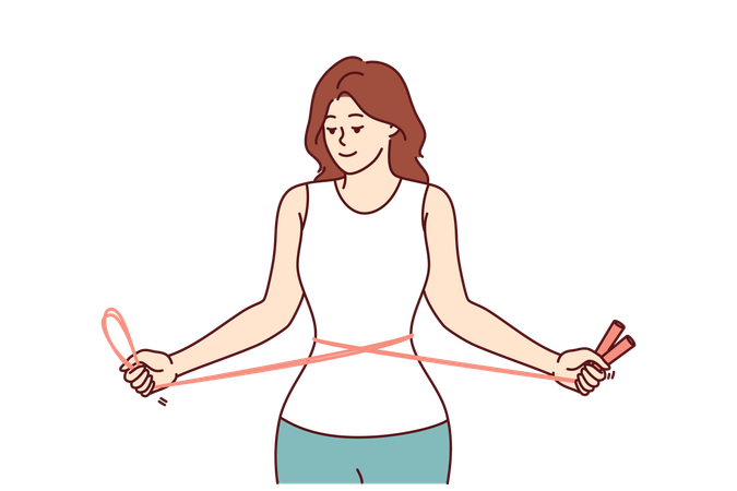 Fitness woman training with jump rope in hands showing off slender figure and thin waist  Illustration