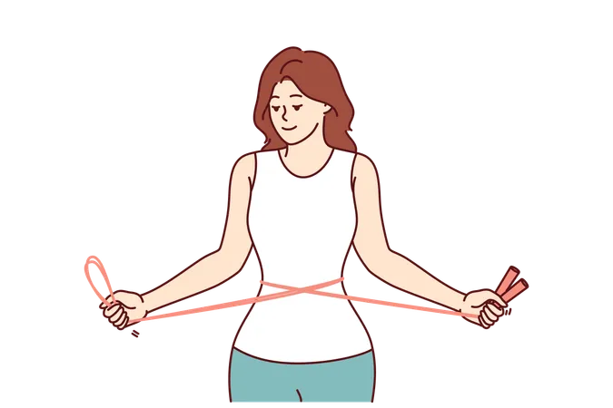 Fitness woman training with jump rope in hands showing off slender figure and thin waist  イラスト