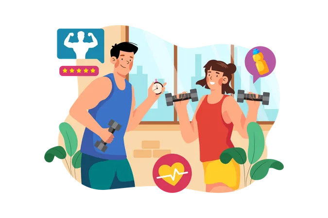 Fitnesstrainer trainiert Frau im Fitnessstudio  Illustration