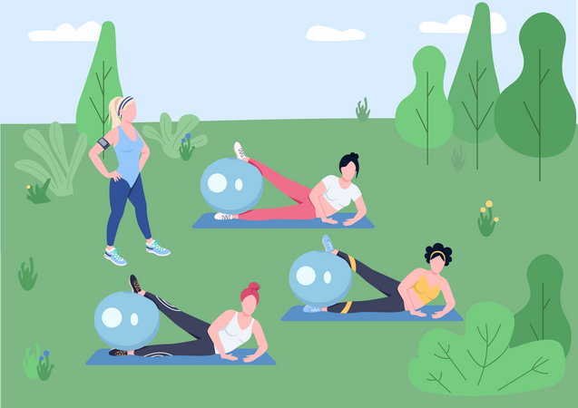 Fitnesstrainerin und junge Frauen trainieren mit Gymnastikbällen  Illustration