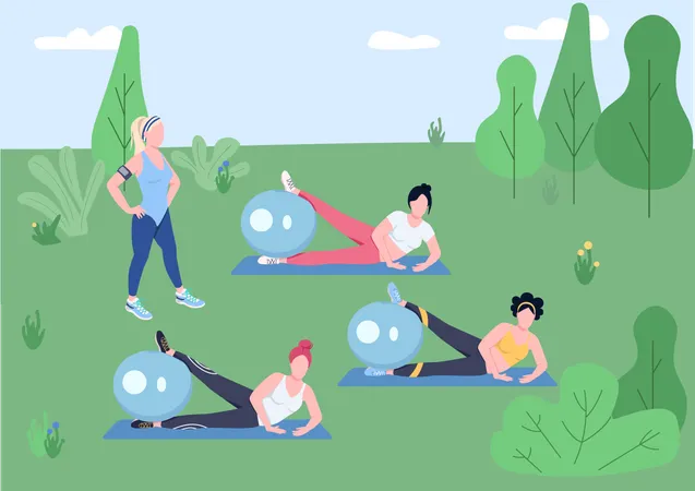 Fitnesstrainerin und junge Frauen trainieren mit Gymnastikbällen  Illustration