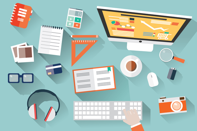 Flache Designobjekte, Schreibtisch, langer Schatten, Büroschreibtisch, Computer und Schreibwaren  Illustration
