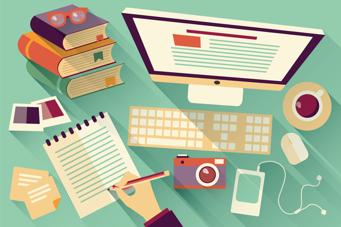 Flache Designobjekte, Schreibtisch, langer Schatten, Büroschreibtisch, Computer und Schreibwaren  Illustration