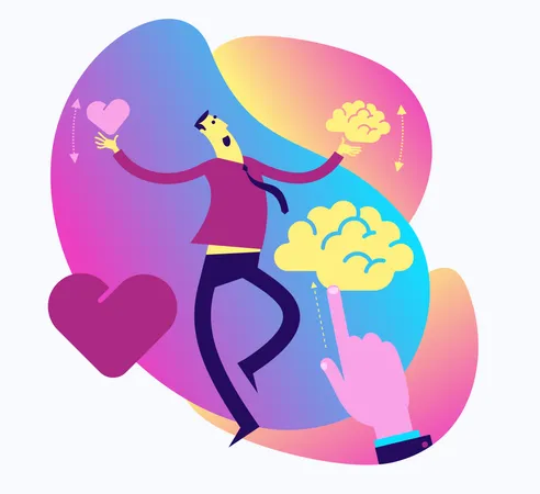 Flache Design-Illustration für Präsentation, Web, Landing Page: Ein Mann balanciert und wählt Verstand oder Herz, Berechnung oder Emotionen  Illustration