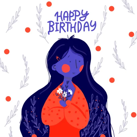 Flache Mädchen lange Haare mit Blumen Happy Birthday Grüße  Illustration