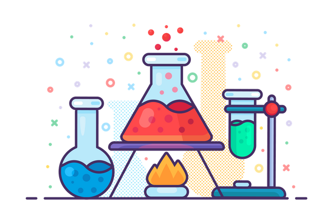 Flacon de liquide chimique sur feu brûlant  Illustration