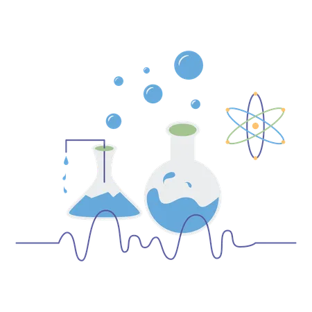 Flacons de laboratoire scientifique avec liquide et molécules  Illustration