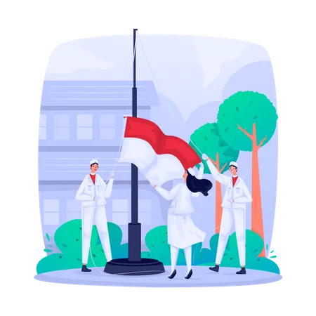 Illustration Of Youths Doing Flag Raising Ceremony For Indonesia Independence Day Illustration