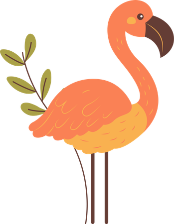 Flamant rose mignon avec des feuilles  Illustration