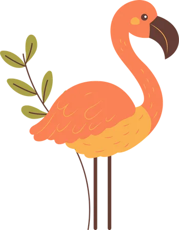 Flamant rose mignon avec des feuilles  Illustration