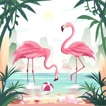 Flamants roses attrapant des poissons au bord de la mer  Illustration