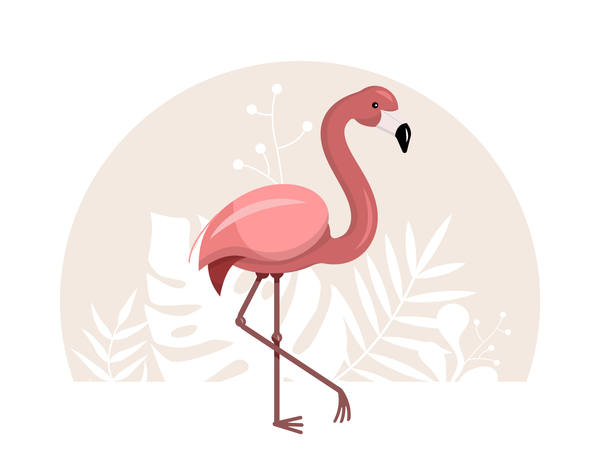 Flamingo rosa com folhas tropicais em um fundo branco  Ilustração