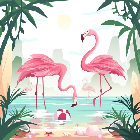 Summer Time Beach Concept Flamingos Catching Fish At The Seashore The Back View Is An Island In The Mist On The Fifth Side Is A Shady Tree Beach With Ball And Coconut Vector Flat Illustration Illustration