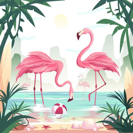 Flamingos catching fish at the seashore  Illustration