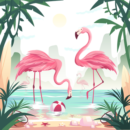 Flamingos catching fish at the seashore  Illustration