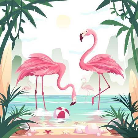 Flamingos pescando à beira-mar  Ilustração