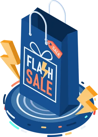 Flat 3 D Isometric Shopping Bag On Platform With Lightning Bolt Flash Sale Concept Illustration