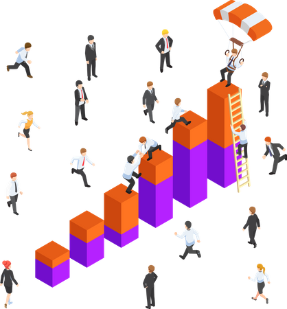 Flat 3d isometric business people competing to reach the top of the graph, Business competition concept Illustration