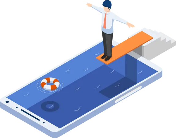 Flat 3d isometric businessman on springboard ready to jump in the smartphone pool, Smartphone addiction concept Illustration