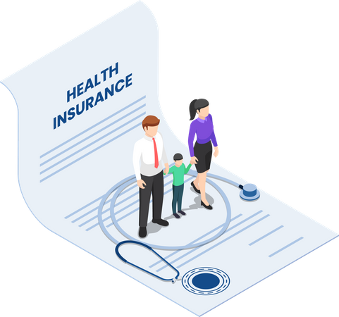 Flat 3d isometric family with kid and stethoscope on the health insurance contract document. Life and Healthcare medical insurance business concept. Illustration