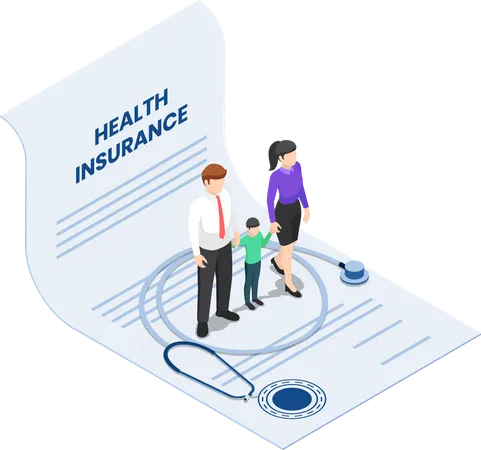 Flat 3d isometric family with kid and stethoscope on the health insurance contract document. Life and Healthcare medical insurance business concept. Illustration