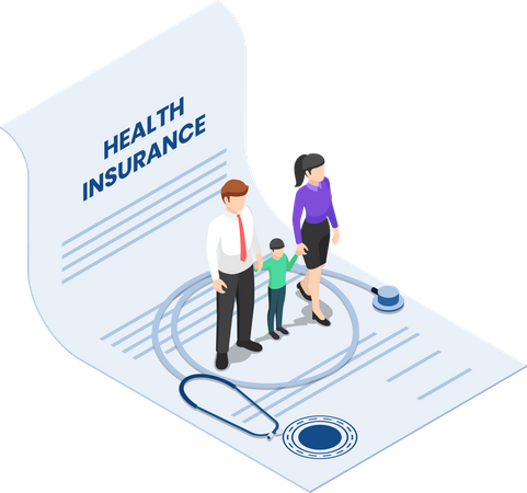 Flat 3d isometric family with kid and stethoscope on the health insurance contract document. Life and Healthcare medical insurance business concept.  Illustration