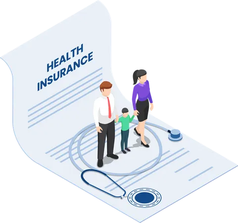 Flat 3d isometric family with kid and stethoscope on the health insurance contract document. Life and Healthcare medical insurance business concept.  Illustration