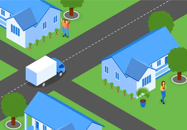 Flat City Streets With New Houses Isometric Crossroads In City Van Service At Intersection Passes By Houses Settlement New Residential Complex People Near Their Homes Enjoy Life Illustration