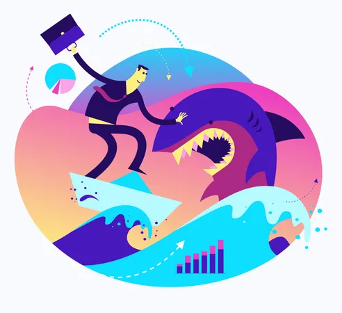 Flat Design Illustration For Presentation, Web, Landing Page: A Man At Sea Boldly Defeats A Shark Business Illustration