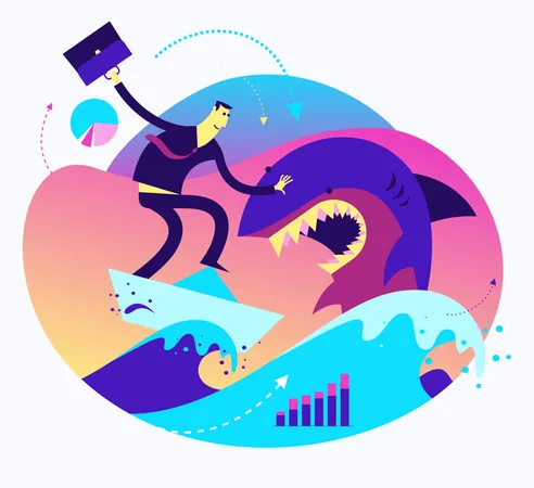 Flat Design Illustration For Presentation, Web, Landing Page: A Man At Sea Boldly Defeats A Shark Business  Illustration