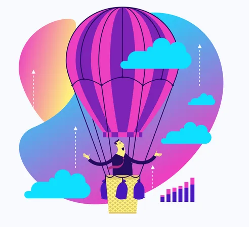 Flat Design Illustration For Presentation, Web, Landing Page: A Man Flies On A Balloon In The Sky To His Dreams Illustration